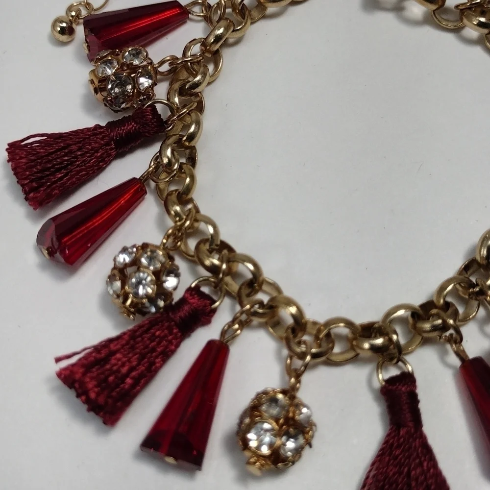 Women's Polished Gold-tone Red Beaded Tassel Bracelet w/ Sparkling Crystal Balls